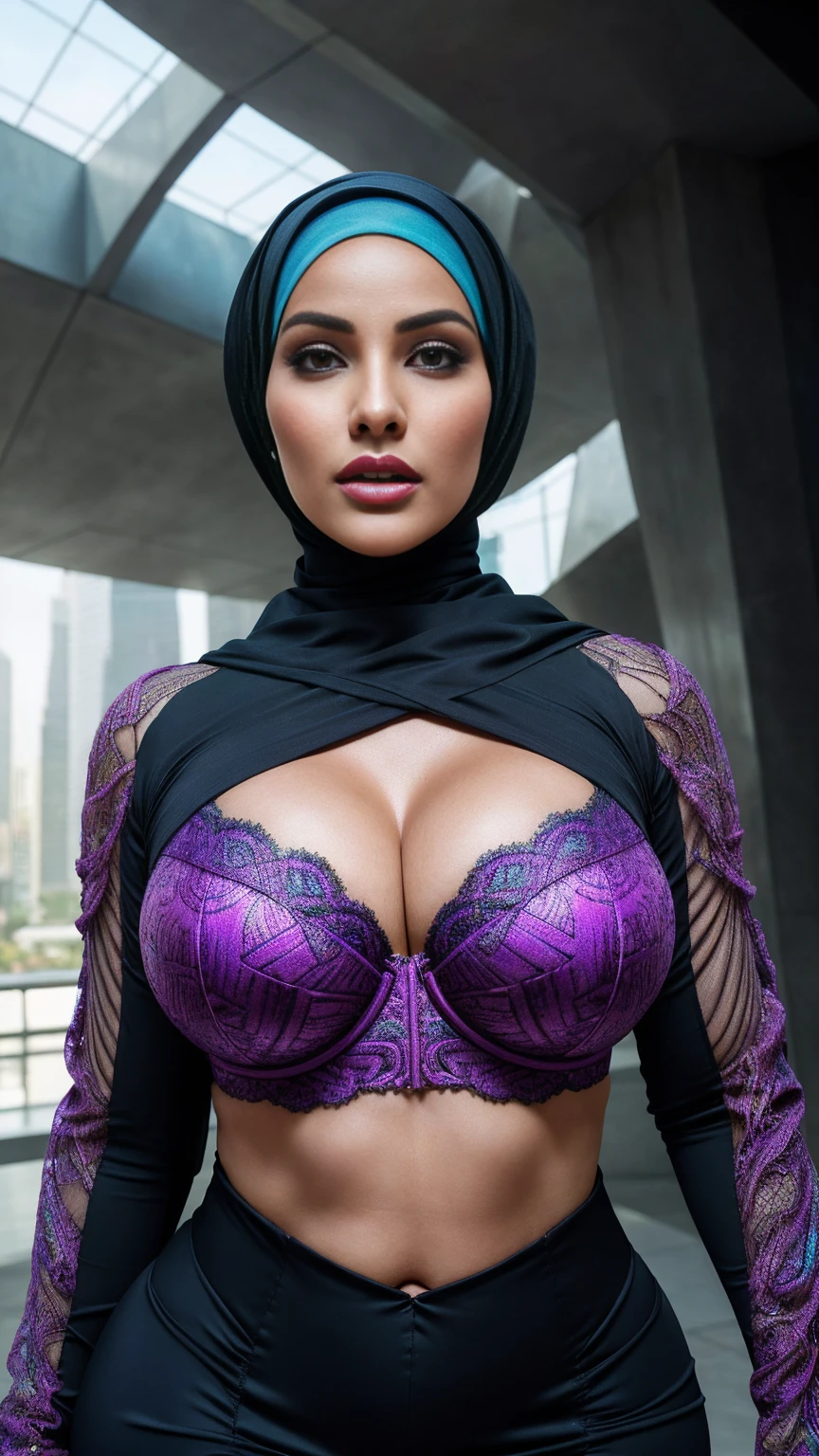A half body of woman in a dark colourful hijab posing for a perfect loop lighting photoshoot, light colourful bra, lacey, posing in bra, gorgeous woman, cleavage, wavy lingeries, angela white, jaw-dropping beauty, wearing bra, (cinematic realistic Futuristic Architecture background behind her), curvy model, sexy push up bras, attractive girl, (((big breasts))), busty, with large breasts, attractive woman, jaw dropping beauty, (((big body shape))), ((Futuristic Architecture)), ((wearing a hijab with sleeves)), (dramatic lighting), (sharp focus), (intricate), fashion, realistic skin texture, (( perfect anatomy)), ((detailed face:1.2)), ((detailed facial features)), (finely detailed skin), masterpiece), (perfect proportion), (realistic photo), (best quality: 1.6), (detailed),