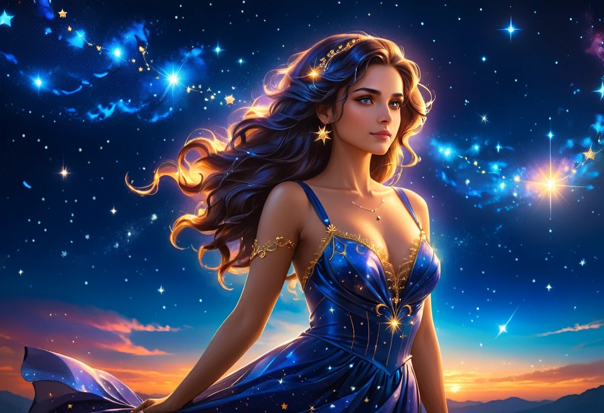 a portrait of an astrologer looking at libra constellation in the night sky, an extraordinary beautiful woman, there is magic in her eyes divining the future from the Libra constellation, dynamic hair color, dynamic hair style, wearing an intricate sapphire dress decorated with glowing stars, she looks to the night sky seeing the ((Libra constellation in the sky: 1.3)), vibrant, Ultra-high resolution, High Contrast, (masterpiece:1.5), highest quality, Best aesthetics), best details, best quality, highres, 16k, [ultra detailed], masterpiece, best quality, (extremely detailed), Cinematic Hollywood Film, magical sky, FireMagicAI, ladyshadow