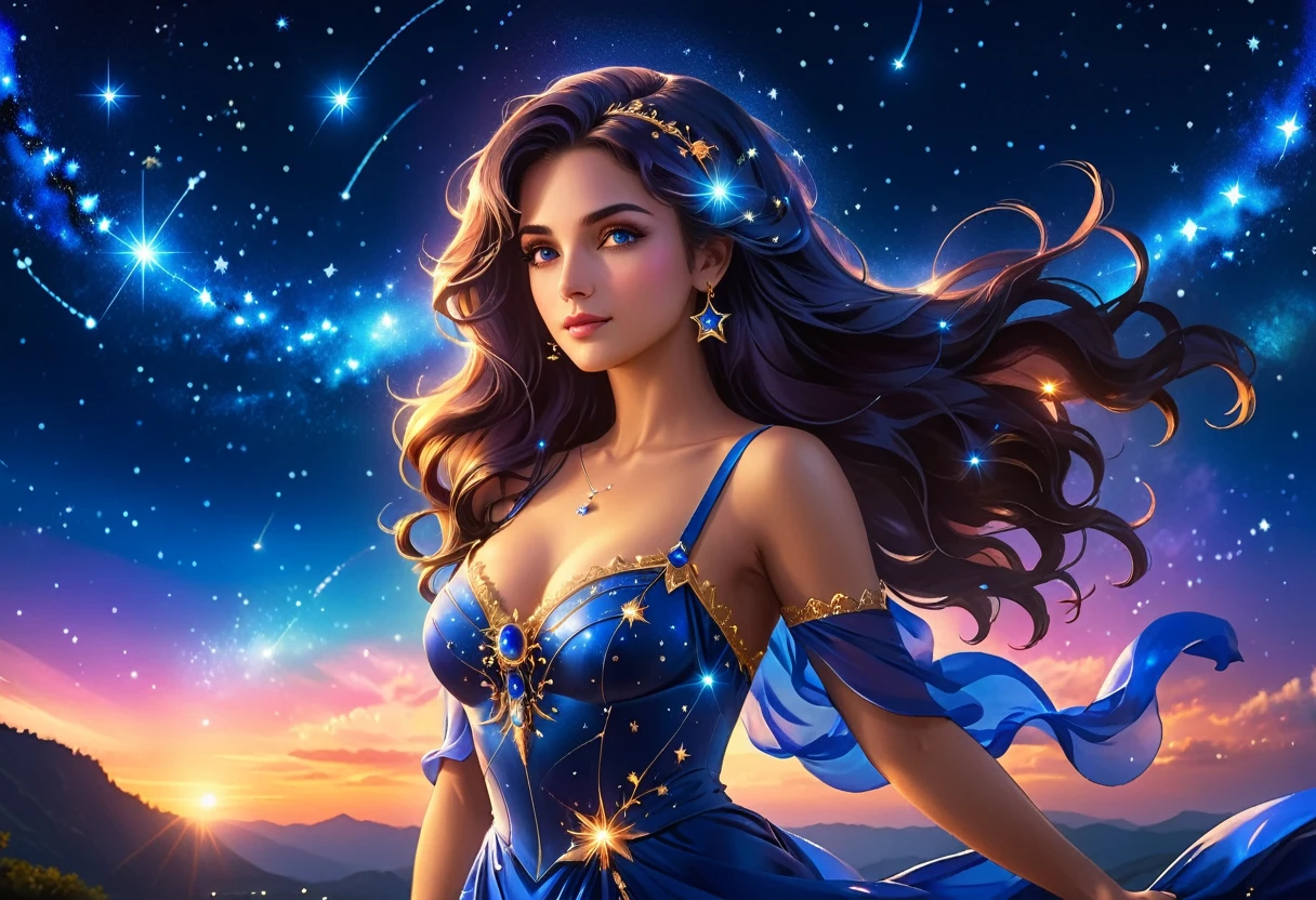a portrait of an astrologer looking at libra constellation in the night sky, an extraordinary beautiful woman, there is magic in her eyes divining the future from the Libra constellation, dynamic hair color, dynamic hair style, wearing an intricate sapphire dress decorated with glowing stars, she looks to the night sky seeing the ((Libra constellation in the sky: 1.3)), vibrant, Ultra-high resolution, High Contrast, (masterpiece:1.5), highest quality, Best aesthetics), best details, best quality, highres, 16k, [ultra detailed], masterpiece, best quality, (extremely detailed), Cinematic Hollywood Film, magical sky, FireMagicAI, ladyshadow