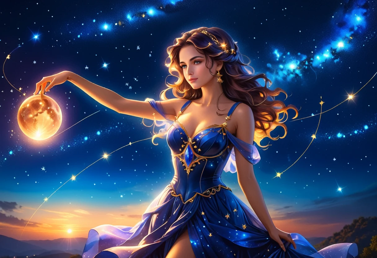 a portrait of an astrologer looking at libra constellation in the night sky, an extraordinary beautiful woman, there is magic in her eyes divining the future from the Libra constellation, dynamic hair color, dynamic hair style, wearing an intricate sapphire dress decorated with glowing stars, she looks to the night sky seeing the ((Libra constellation in the sky: 1.3)), vibrant, Ultra-high resolution, High Contrast, (masterpiece:1.5), highest quality, Best aesthetics), best details, best quality, highres, 16k, [ultra detailed], masterpiece, best quality, (extremely detailed), Cinematic Hollywood Film, magical sky, FireMagicAI, ladyshadow