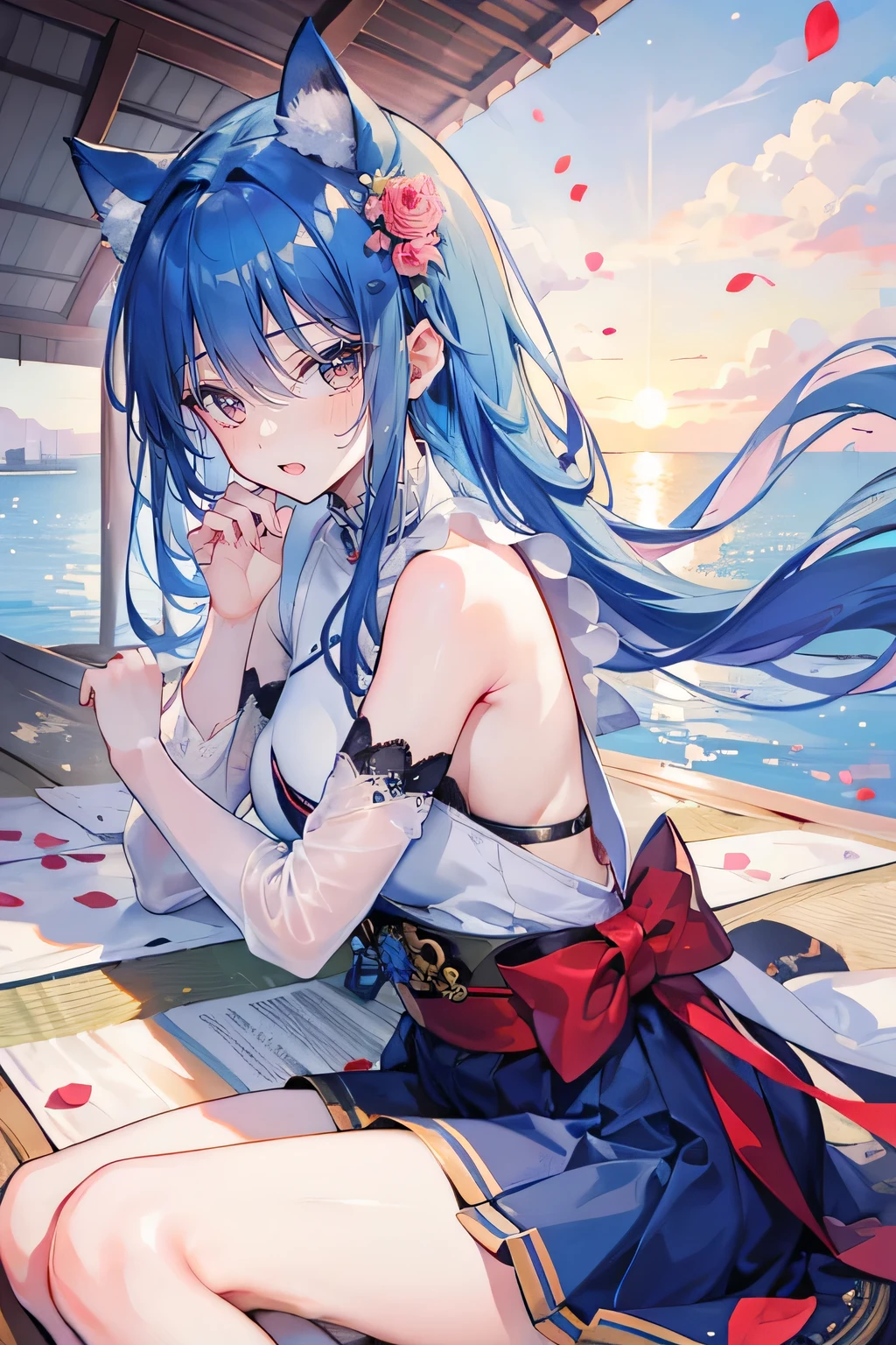 （masterpiece：1.2），Super detailed，lifelike，Expressive eyes，fair skin，perfect face shape，1 girl，
Japanese comics,Gorgeous blue hair,flowing blue hair,flowing clothes,Cat ears,Petals fall,beautiful lola,Baby Angel,
Shaking head with one hand，Cross your legs，，The pavilion is cool and comfortable,smile,back views,sunrise,Petals fall, winter,lie on the water，Nun&#39;s Clothes，stately church。