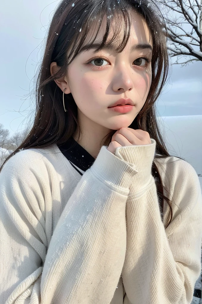 (8k, best quality, masterpiece, ultra highres:1.2) Photo of Pretty Japanese woman
in the (style of paul rubens and rebecca guay:1.1) (melancholy winter snow:1.4)