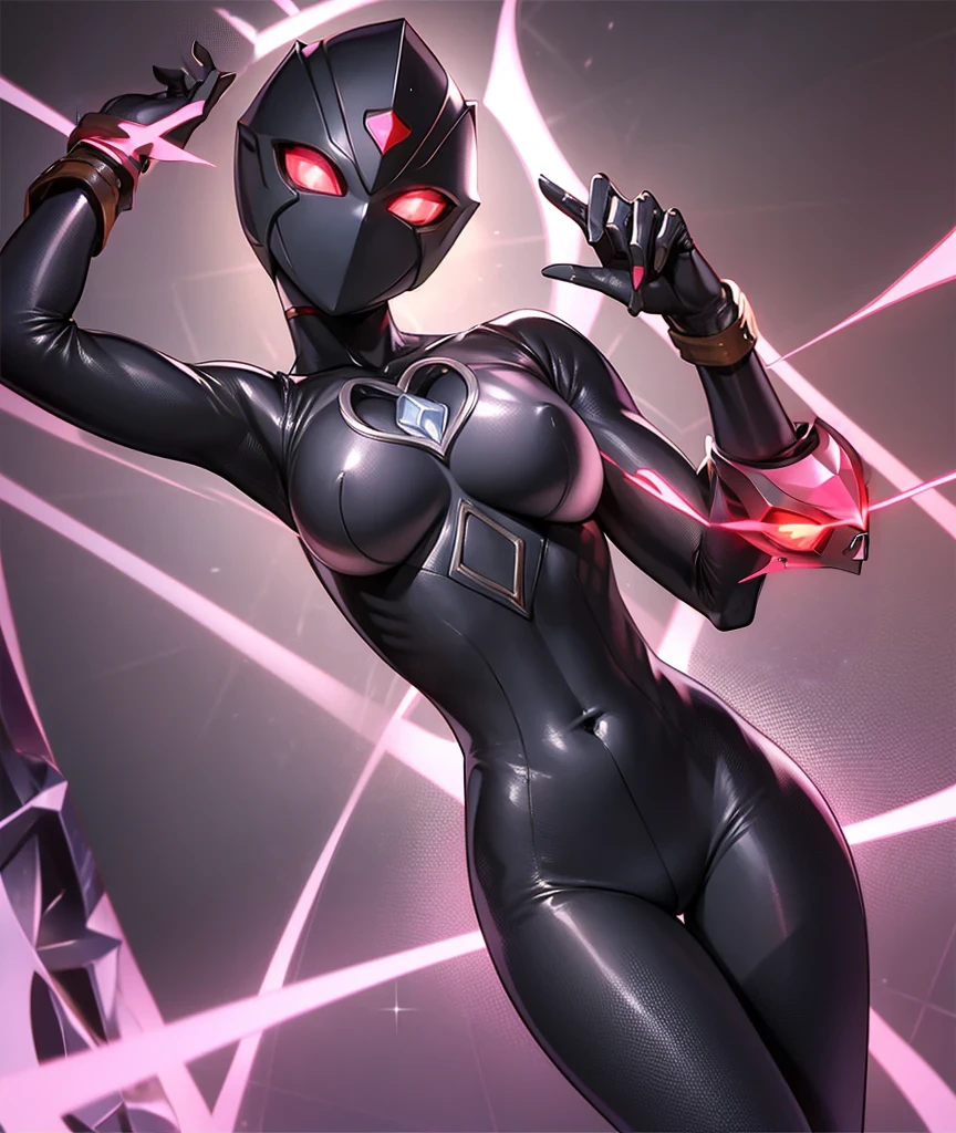 Ultraman Woman, Cover his true face with a black mask, Female Solo, Alien eyes shine。The whole body is covered with a black bodysuit, One female protagonist, Pink lines color the whole body beautifully..., Crystal shining on the head。The chest has a radiant core, Dark background,