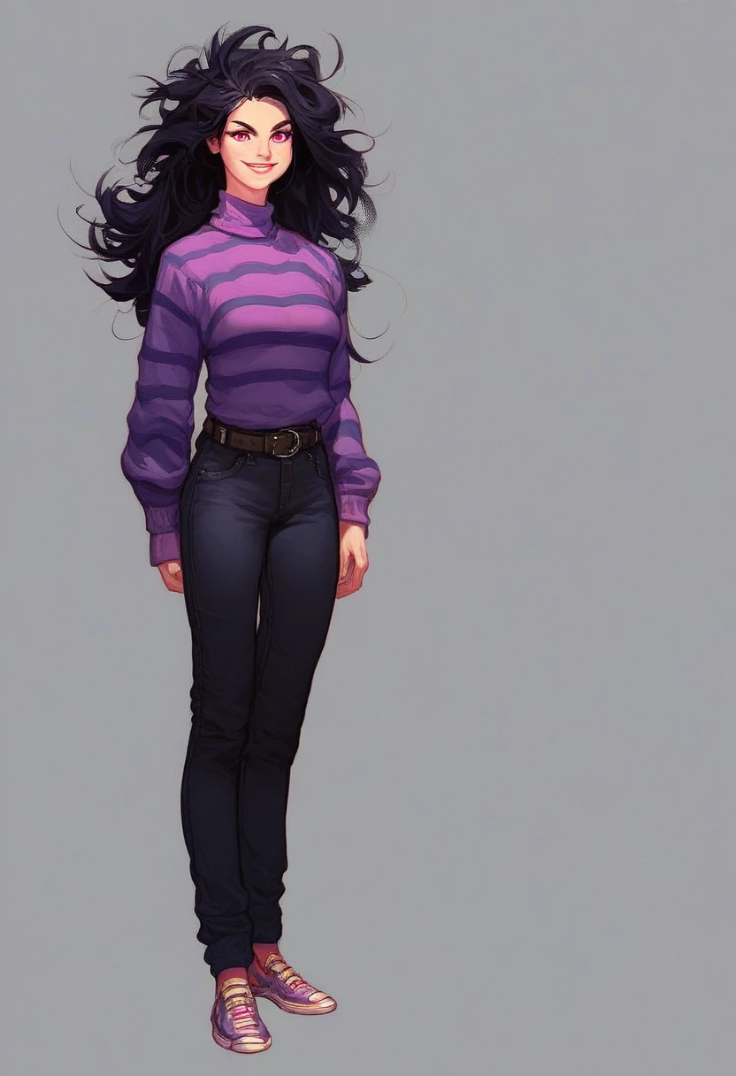 sarah_henderson, solo, long hair, smile, simple background, shirt, black hair, red eyes, 1girl full body, striped, belt, pants, pink eyes, grey background, sweater, messy hair, purple sweater,