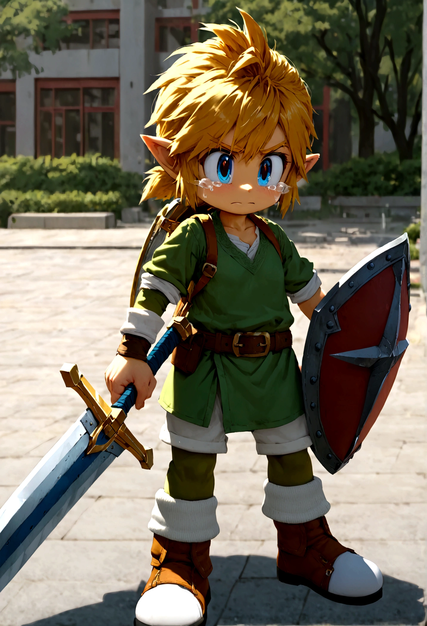 LInk from Zelda tears of the Kingdom holding his sword and shield, standing in a Chinese college campus