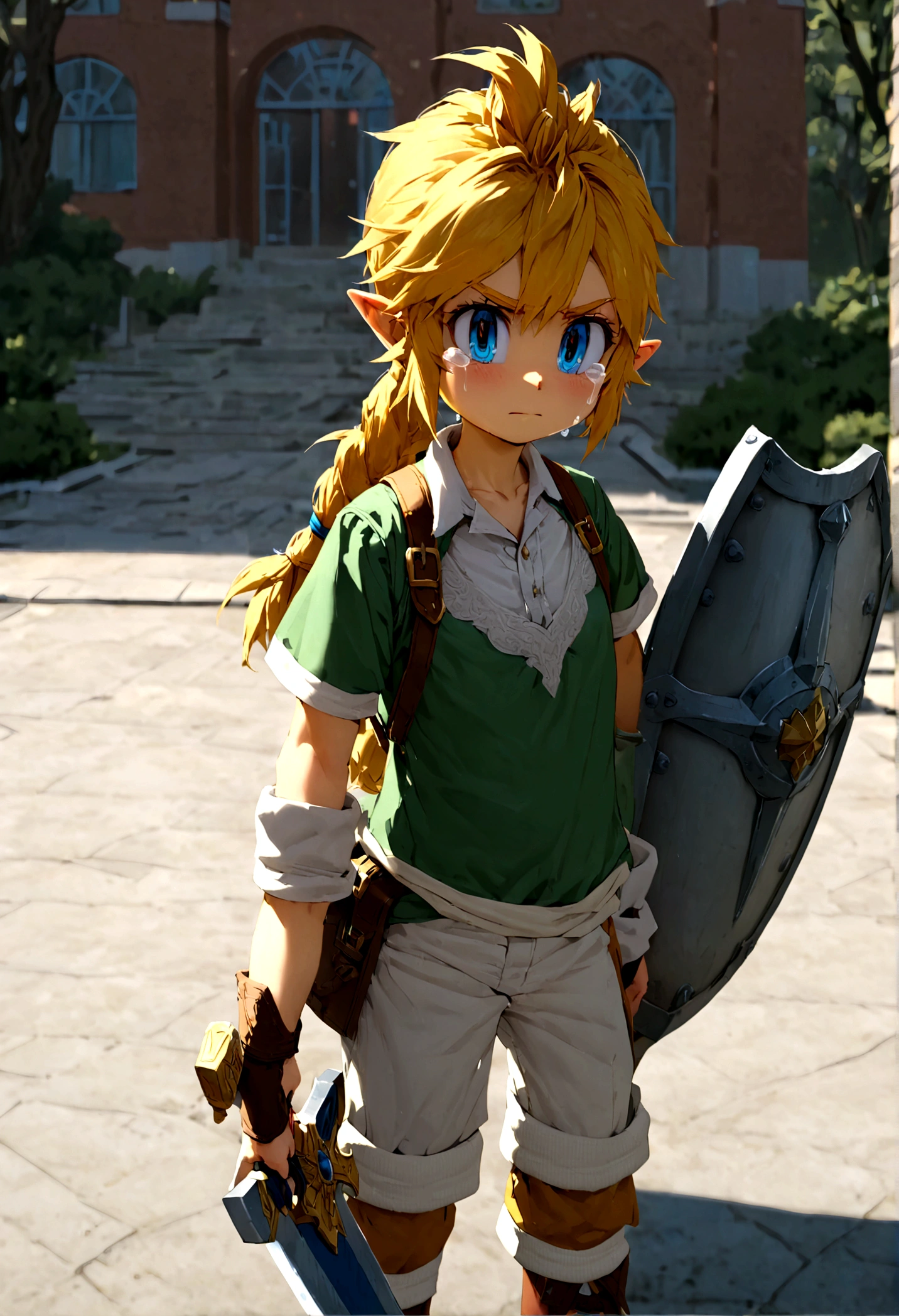 LInk from Zelda tears of the Kingdom holding his sword and shield, standing in a Chinese college campus