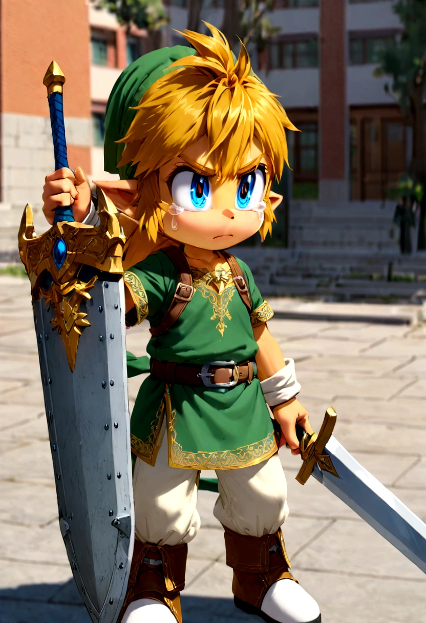 LInk from Zelda tears of the Kingdom holding his sword and shield, standing in a Chinese college campus