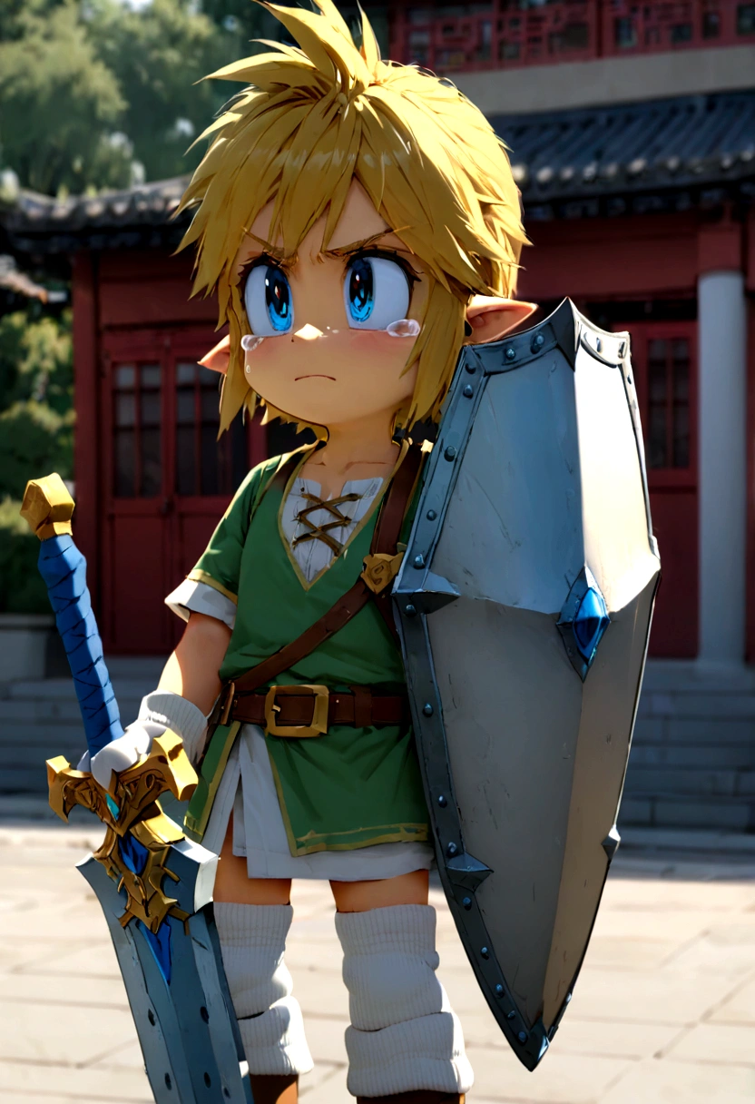 LInk from Zelda tears of the Kingdom holding his sword and shield, standing in a Chinese college campus