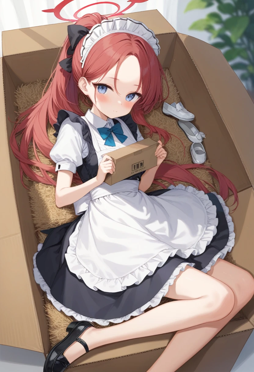 score_9, score_8_up, score_7_up, source_anime, Idealized Forms, Natural Light, details background, blurry background, extremely detailed, anime anime girl laying in a cardboard box with bow and dress, 1girl, solo,yuzu(blue archive),long hair, forehead, apron, bow, halo, red hair, short sleeves, cardboard box, blush, shirt, box, blue eyes, maid, white shirt, puffy sleeves, hair bow, frills, closed mouth, maid, maid headdress, very long hair, forehead, dress, puffy sleeves, alternate costume, white apron, black footwear, holding, ponytail, shoe