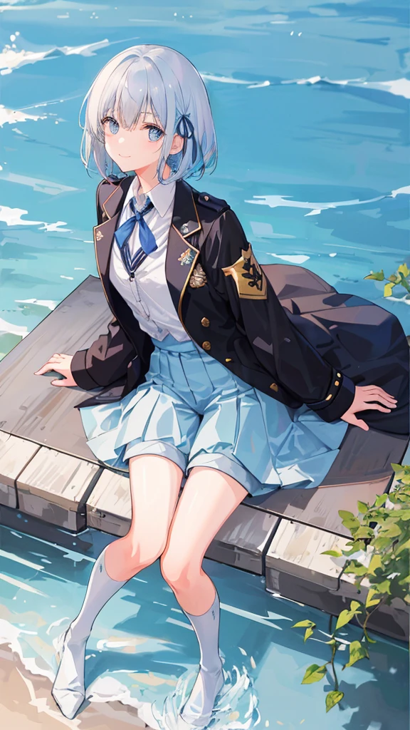 ((top-quality)), ((masterpiece)), ((Ultra-detail)), (Extremely delicate and beautiful), girl with, solo, full bodyesbian、cold attitude,((Black jacket)),She is very(relax)with the(Settled down)Looks, depth of fields,Evil smile,Bubble, under the water, Air bubble,bright light blue eyes,inner color with bright gray hair and light blue tips,,Cold background,Shorthair、bobhair、linear art, shortpants、knee high socks、White uniform like 、((female high-school student)),Light blue ribbon ties、Clothes are sheer、Hands in pockets、Bright eyes like sapphire,Fronllesse Blue, A small blue light was floating、fantastic eyes, Looking from above、looking down at the person watching