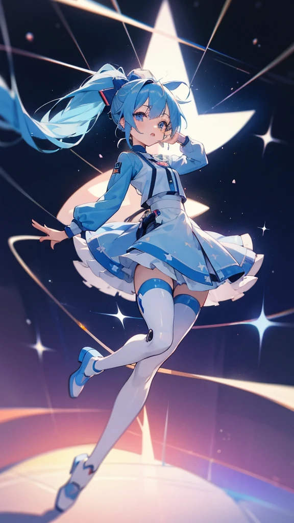 anime girl wearing blue hair in two ponytail wearing a cute robot outfit with a skirt there is stars music trails around her her eyes is blur full body and white screen