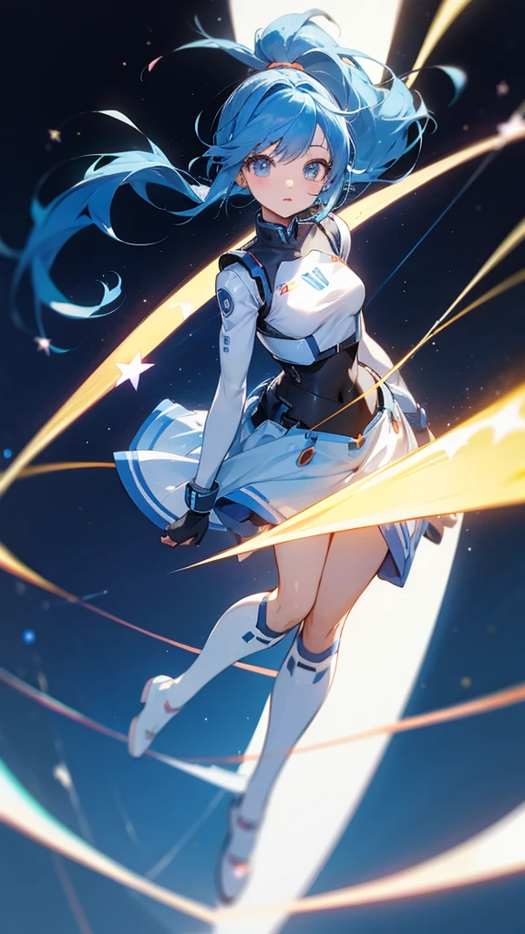 anime girl wearing blue hair in two ponytail wearing a cute robot outfit with a skirt there is stars music trails around her her eyes is blur full body and white screen