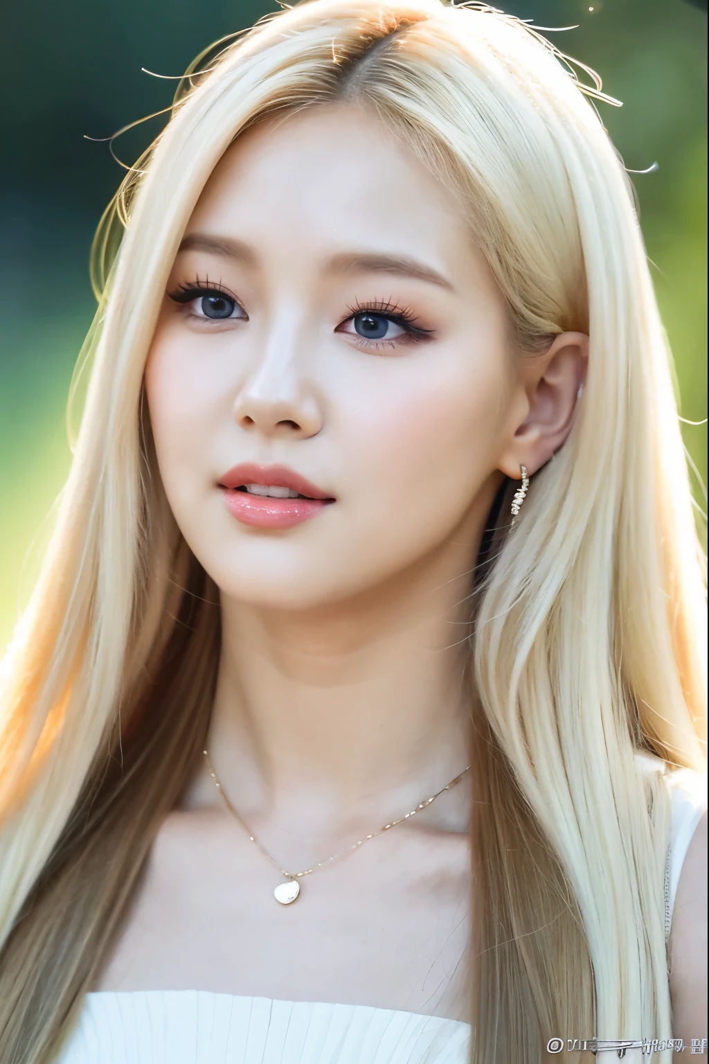 a close up of a woman with long blonde hair and a white dress, roseanne park of blackpink, portrait of jossi of blackpink, portrait jisoo blackpink, jossi of blackpink, popular south korean makeup, popular korean makeup, jisoo of blackpink, kim doyoung, jisoo from blackpink, white hair color, white skin color, portrait of female korean idol, milky white skin