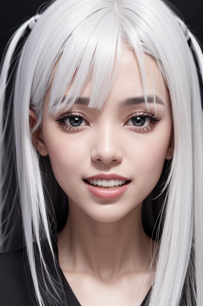 A woman with half black and half white hair who has separate front teeth