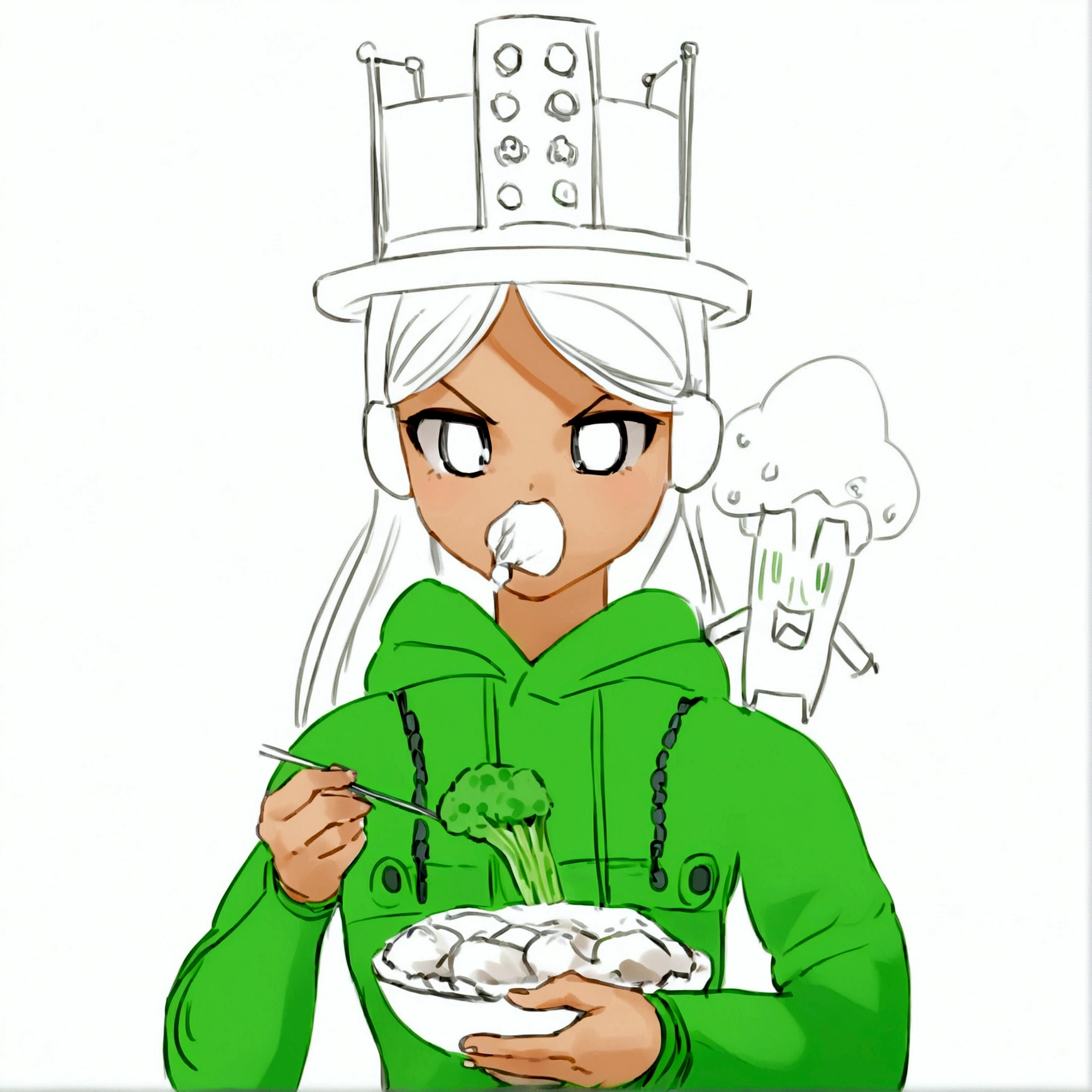 Girl eating broccoli with green jacket and black hair and a green hat