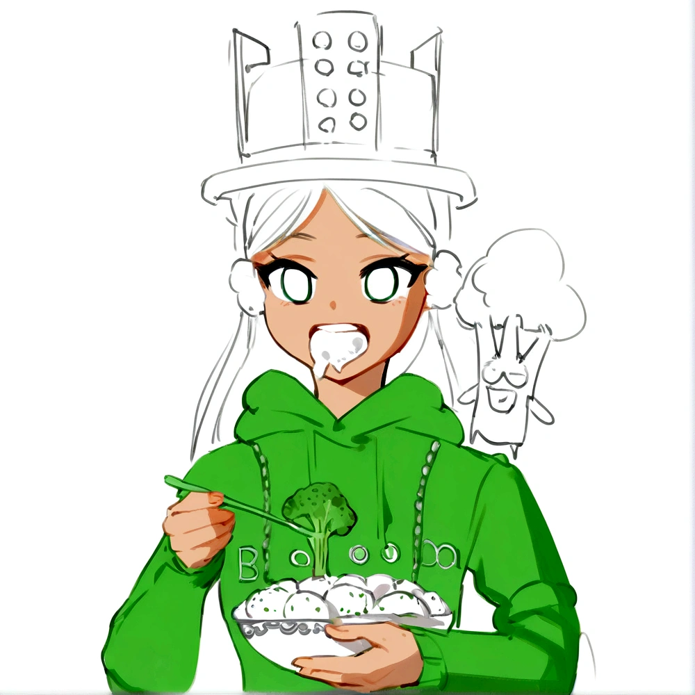 Girl eating broccoli with green jacket and black hair and a green hat