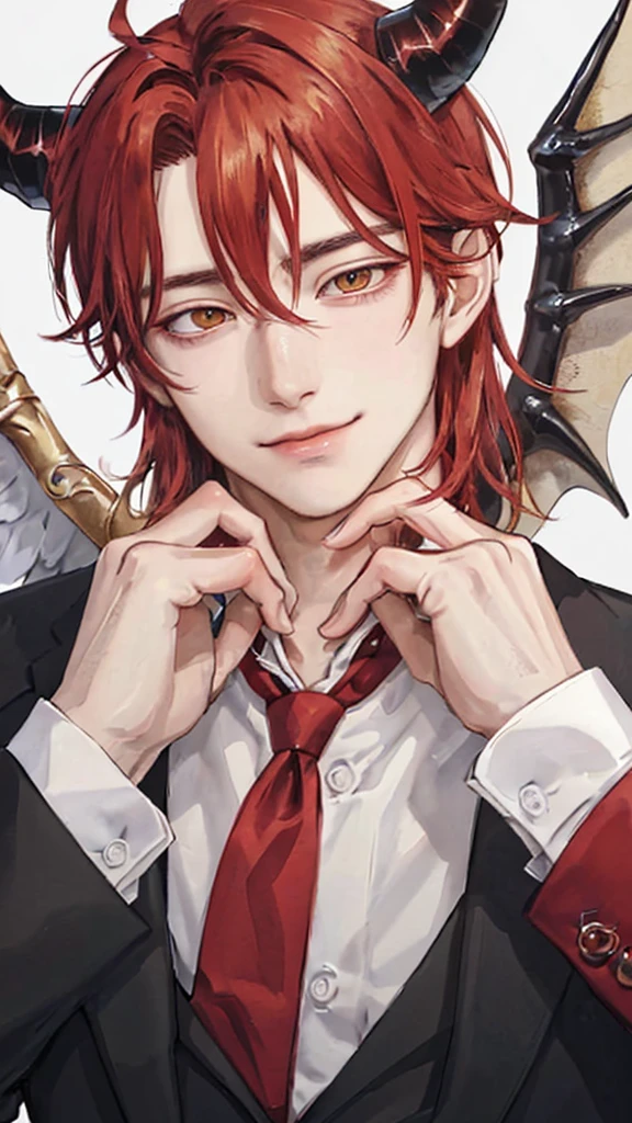 1man, portrait, angelic appearance, solo, male focus, red color hair, horns, black horns, tidy and clean hair, fair skin, Golden eyes, high school background, teacher, neat attire, well groomed, gentle expression, elegant smiled, beautiful handsomely, eye bags, demon, demon king, demon aura, dragonian man,