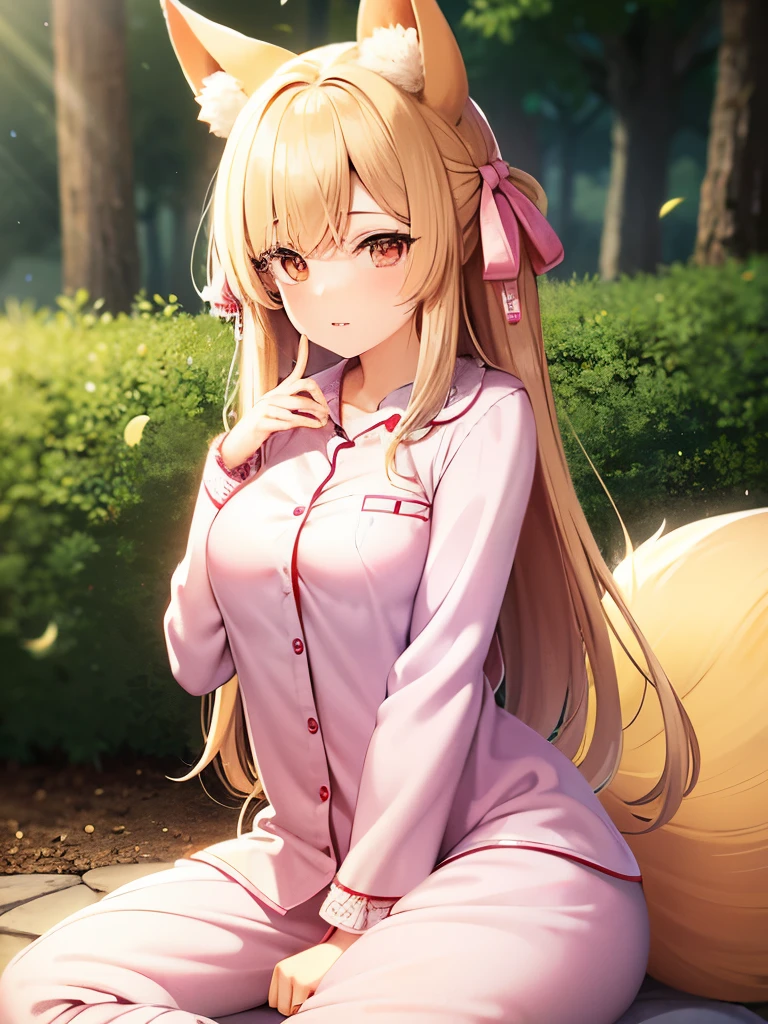 Professional, high-quality photos, 8K resolution, Ultra high definition. ((A girl with ears and a foxtail tail,(Wearing pajamas),Captures attractive girls in real detail)). She is sitting in the middle of a magical forest. Every element is perfectly expressed. The texture of pajamas, The ears and tail are sharp、palpable. Soft to the touch. The sunlight falls on the leaves、The girl's face is gently illuminated, Highlights delicate and attractive facial expressions .