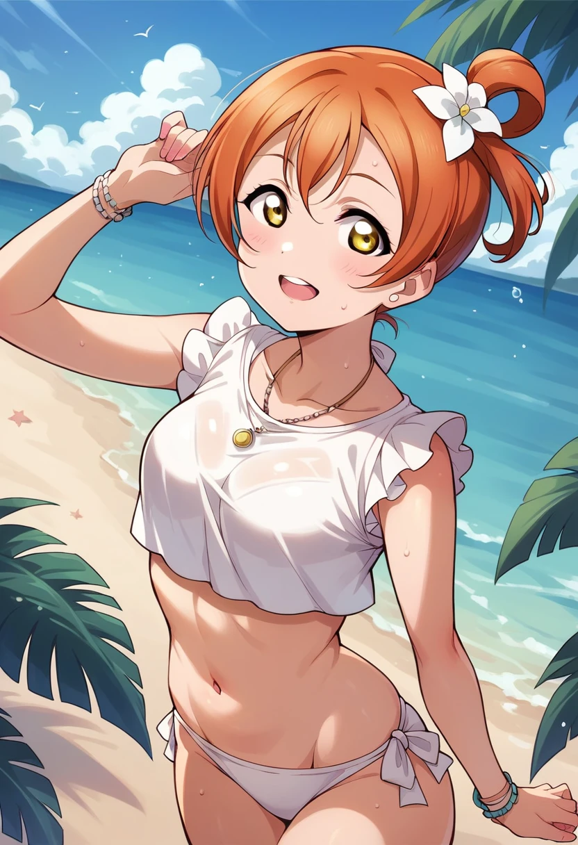 Rin Hoshizora love live, tight white crop top, bikini ,beach, standing , love live style 