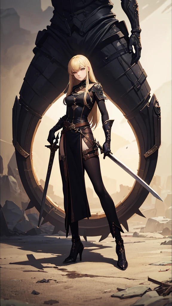 (masterpiece, 4K ,Super detailed:1.2), (anime:1), (Perfect quality), The whole body is shown, View Viewer, Holding a sword, tall, Desperate look, Ultra violent women, Blonde, Powerfully々And, RPG concept art character, Elegant appearance