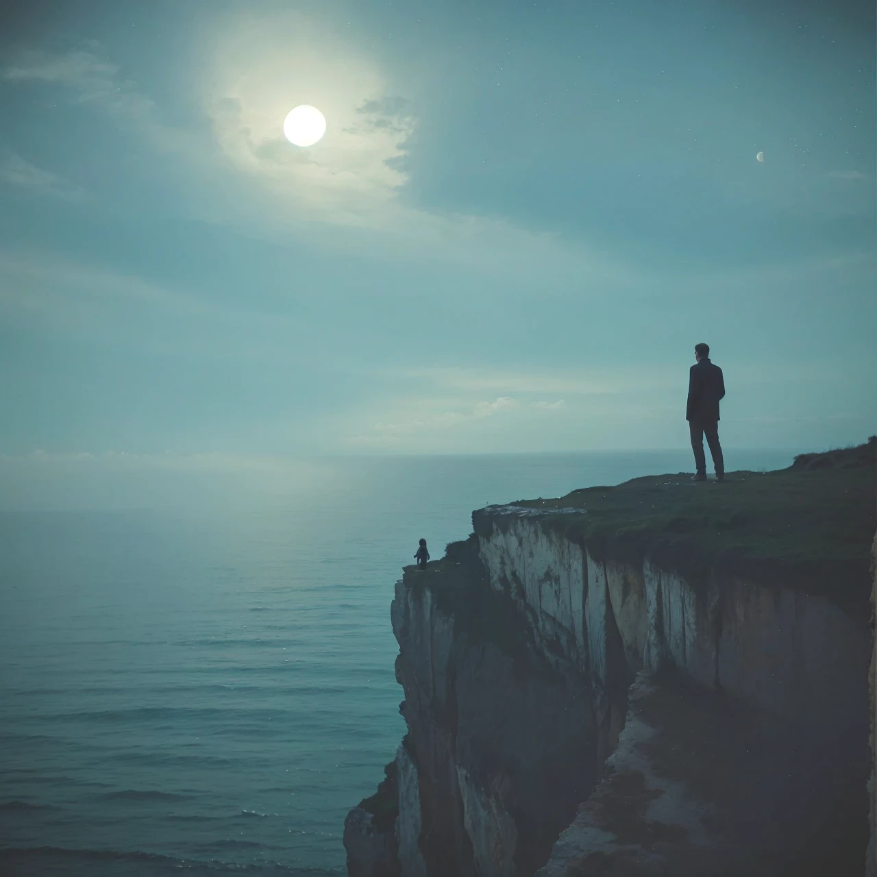 there is a man standing on a cliff looking at the moon, standing on a cliffside, standing in moonlight, standing on a cliff, standing on the edge of a cliff, photographed on a film, edge of the world, looking into the distance, on a cliff, looking off into the distance, atmospheric cool colorgrade, perfect muscular body of the man on casual simmer clothes
