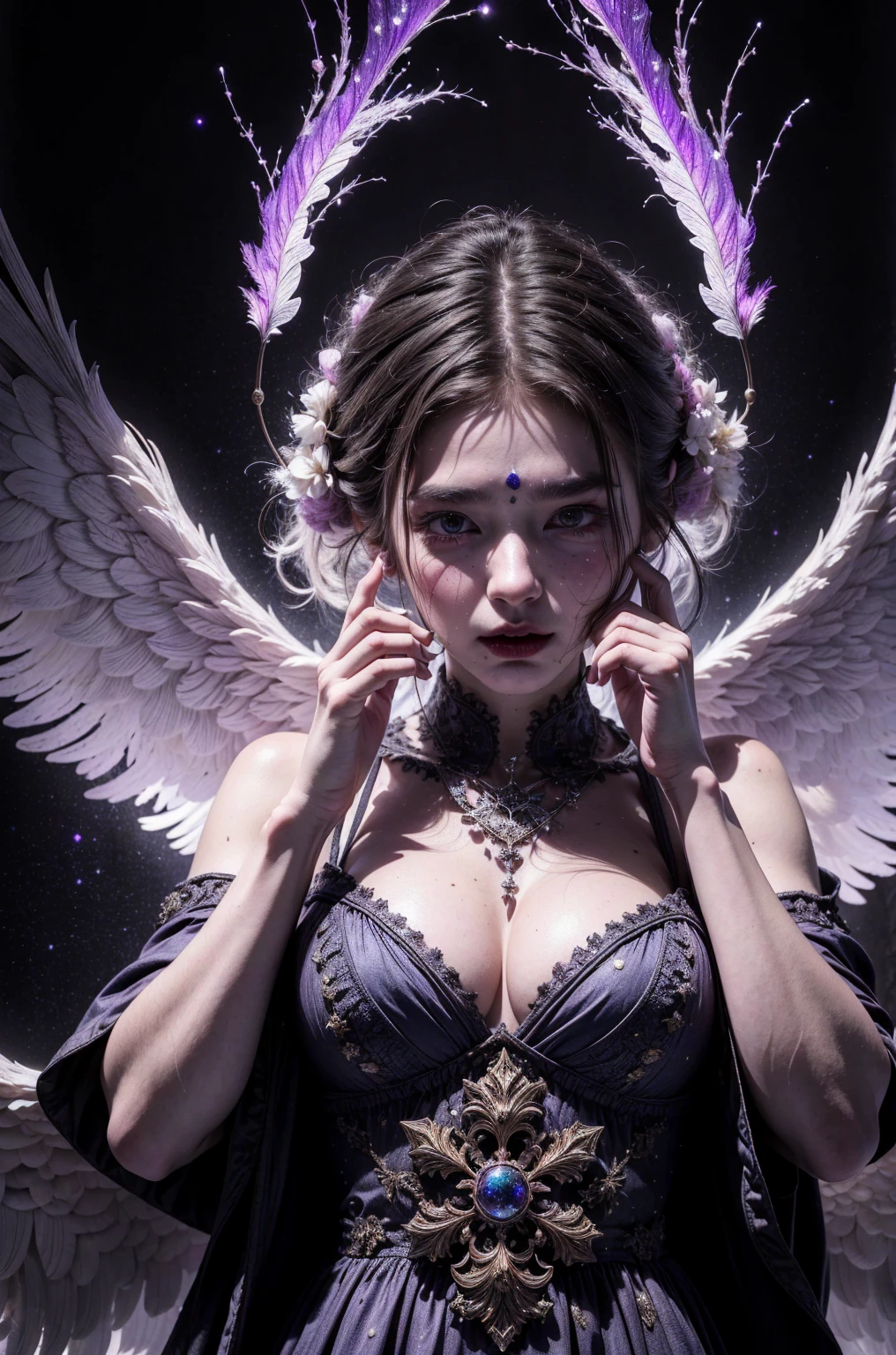 (Masterpiece), (Best Quality: 1.4), absurdities, [:intricate details:0.2],witch, angel wings, milky way, sky, bright aura, intense focus, crackling energy, mysterious symbols, bright specks,Paticulas,many details