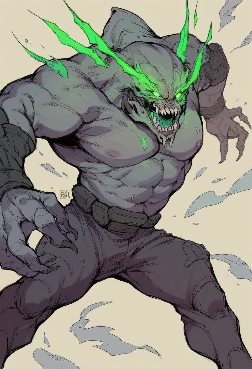 A fat Anguloid wielding dual plasma rifles implanted in both hands, similar to a Mancubus from Doom. The Anguloid has a swooped-back head, green glowing eyes, grey skin, sharp teeth, and a menacing expression. It stands in a battle-ready pose with its dual plasma rifles aimed forward. The background is a dark, otherworldly landscape with hints of futuristic technology and alien architecture.