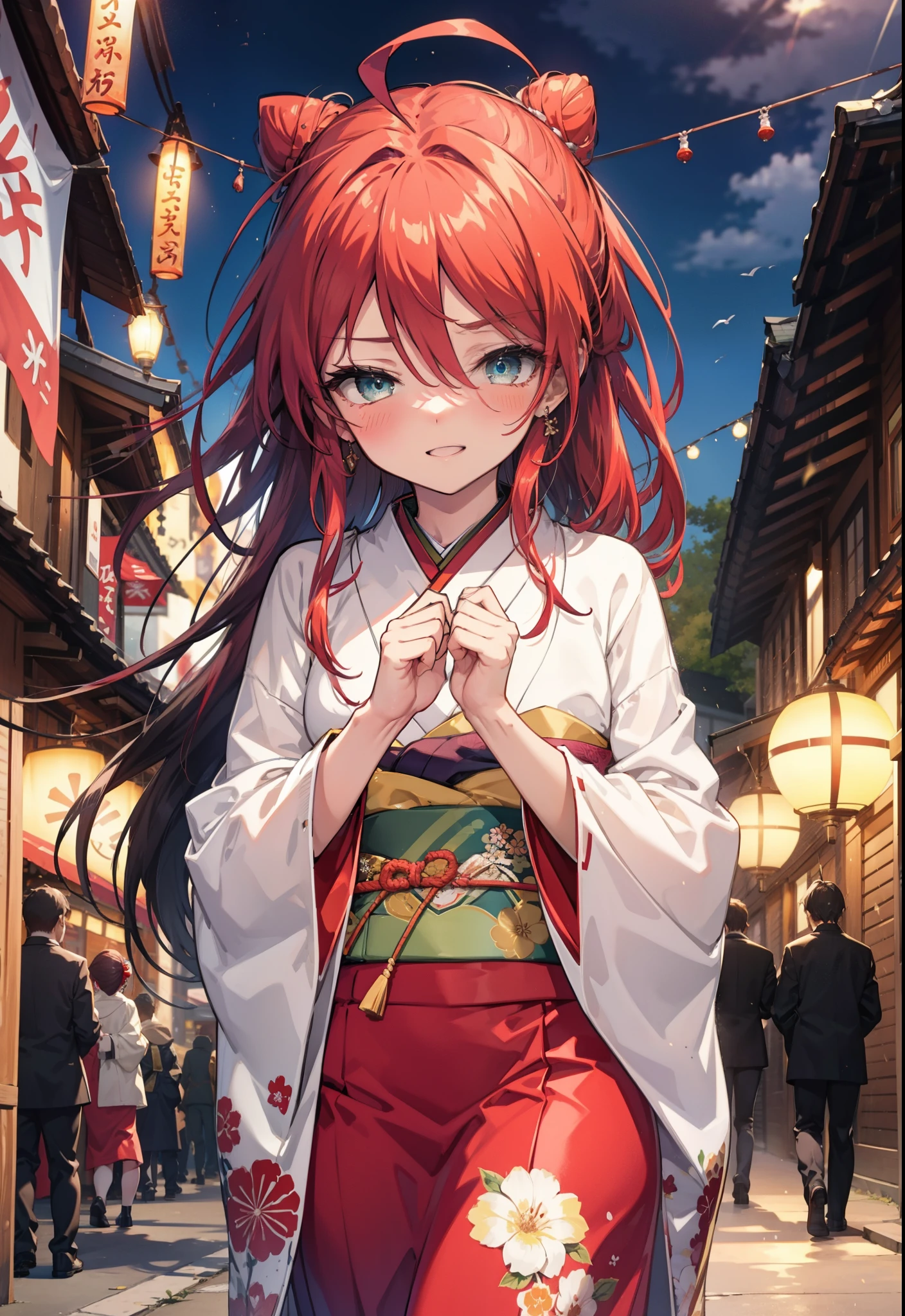 Shana,灼眼のShana,Long Hair, Red hair,Red eyes,Ahoge,smile,blush,Open your mouth,Hair Bun, single Hair Bun,blush,Red Kimono,Thick sleeves,Red long skirt,日本のfestival,夏festivalの屋台,Red lantern,So that the whole body goes into the illustration,Walking,　　　　　　　　　　　  break looking at viewer, Upper Body (Cowboy Shot:1. 5),  　　　　　　　　　　　　　　　　　　break outdoors, shrine,festival, 　　　　　　　　　　　　　break (masterpiece:1.2), Highest quality, High resolution, unity 8k wallpaper, (shape:0.8), (Beautiful and beautiful eyes:1.6), Highly detailed face, Perfect lighting, Highly detailed CG, (Perfect hands, Perfect Anatomy),