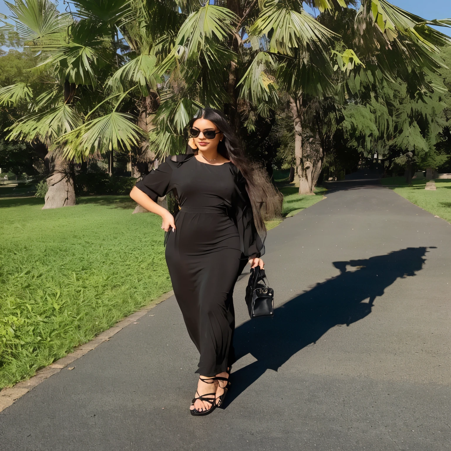 An Araffa woman in a black dress and sandals walks along a paved path, with black, on a sunny day, stylish dark dress, black outfit, wear black modern clothes, in the city park, total black outfit, Oversized black clothing, with long hair, dark black long dress, wear black clothes, Black & Brown, in the park, in sunny weather