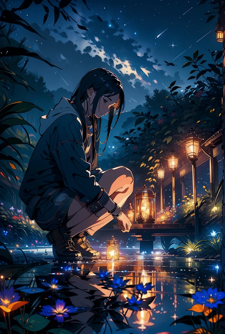 Master Parts, Nice, landscape, (((no_Humanos))), night, flower, garden, Starry Sky, constellation, wonderful, Looking down, water, warm, comfortable, peaceful, meteor, universe, magic, magic, detailed, fair, ((Firefly))