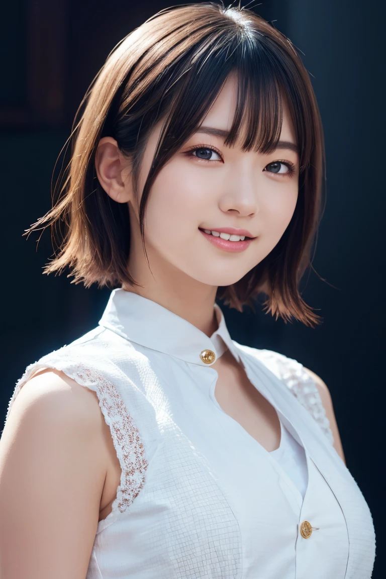 1 girl, (Wearing colorful stage costumes:1.2), Very beautiful Japanese idol portraits, Face close-up, (RAW Photos, highest quality), (Realistic, Realistic:1.4), (masterpiece), Very delicate and beautiful, Very detailed, 2k wallpaper, wonderful, finely, Very detailed CG Unity 8K wallpaper, Very detailed, High resolution, Soft Light, Beautiful detailed girl, Very detailed目と顔, Beautiful and sophisticated nose, Finely beautiful eyes, Cinema Lighting, (Simple light color background:1.3), (short hair), (Bob), Complete Anatomy, Slender body, Small breasts, smile