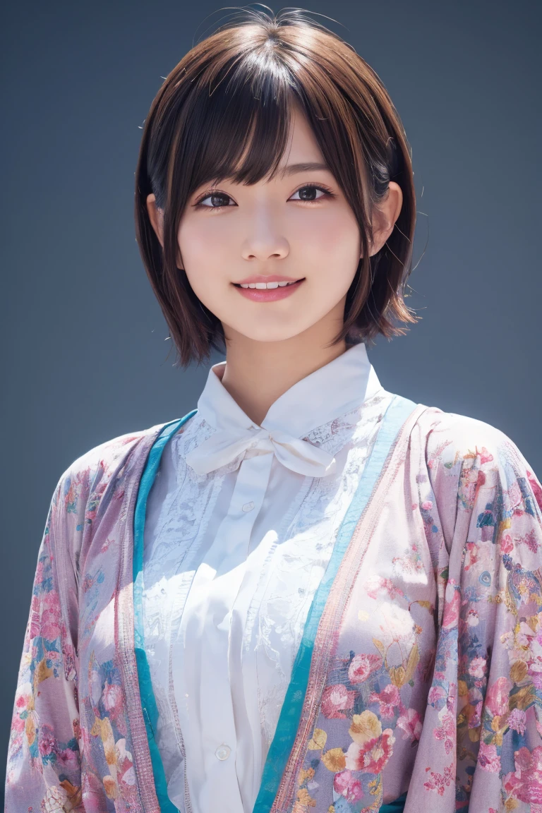 1 girl, (Wearing colorful stage costumes:1.2), Very beautiful Japanese idol portraits, Face close-up, (RAW Photos, highest quality), (Realistic, Realistic:1.4), (masterpiece), Very delicate and beautiful, Very detailed, 2k wallpaper, wonderful, finely, Very detailed CG Unity 8K wallpaper, Very detailed, High resolution, Soft Light, Beautiful detailed girl, Very detailed目と顔, Beautiful and sophisticated nose, Finely beautiful eyes, Cinema Lighting, (Simple light color background:1.3), (short hair), (Bob), Complete Anatomy, Slender body, Small breasts, smile
