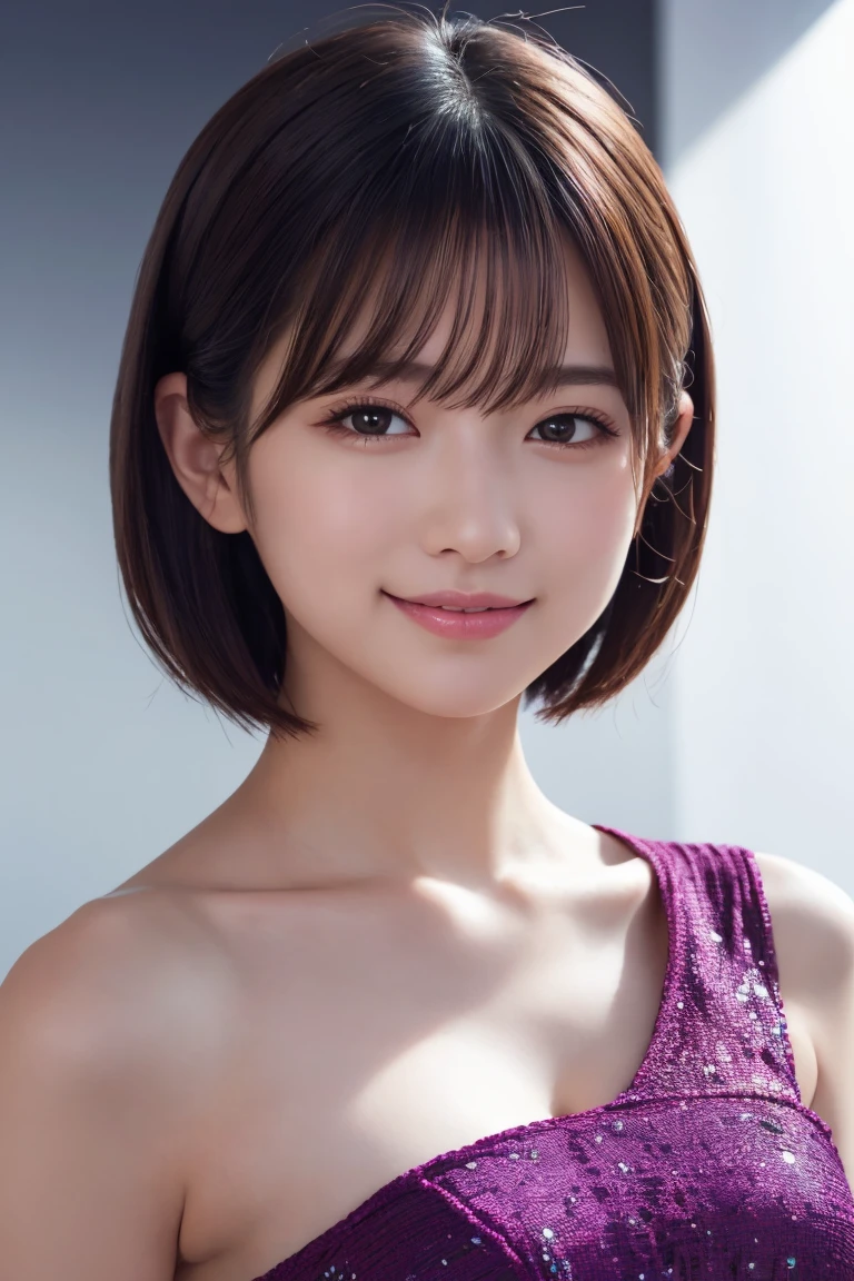 1 girl, (Wearing colorful stage costumes:1.2), Very beautiful Japanese idol portraits, Face close-up, (RAW Photos, highest quality), (Realistic, Realistic:1.4), (masterpiece), Very delicate and beautiful, Very detailed, 2k wallpaper, wonderful, finely, Very detailed CG Unity 8K wallpaper, Very detailed, High resolution, Soft Light, Beautiful detailed girl, Very detailed目と顔, Beautiful and sophisticated nose, Finely beautiful eyes, Cinema Lighting, (Simple light color background:1.3), (short hair), (Bob), Complete Anatomy, Slender body, Small breasts, smile