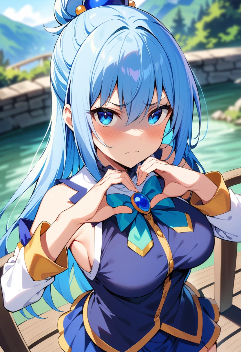 masterpiece, best quality, very aesthetic, absurdres,1girl, ,aqua_(konosuba), kono_subarashii_sekai_ni_shukufuku_wo!, 1girl, long_hair,blue_hair,  single_hair_ring, bun,hair_ornament,blue_eyes, aqua_bowtie,blue_shirt, blue_skirt, detached_sleeves, dutch_angle,miniskirt, sleeveless_shirt,1girl,upper body, (contempt, disgust,shaded face,looking at viewer,frown),heart-shaped gesture,,on bridge,over a river,blur background,background defocus