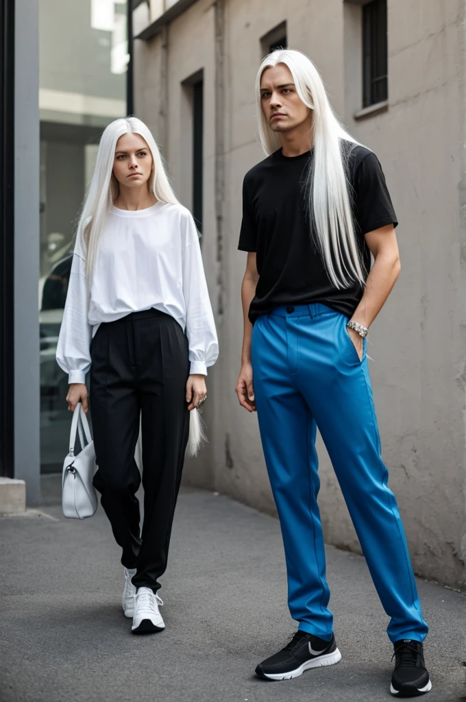 Long white hair, black shirt, long blue pants, frowning face