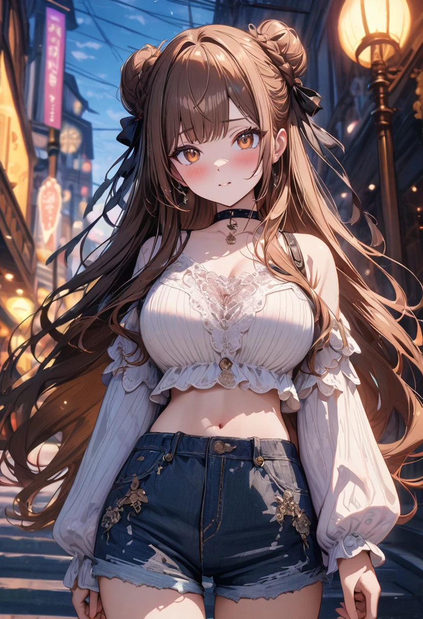 (masterpiece), best quality, very aesthetic, newest, absurdres, detailed, high quality
BREAK
highest quality, top quality, details, highres, ultra fine painting, digital art, official art, cinematic, 4k, 8k resolution, 8K CG wallpaper, CG, original artwork, detailed background, colorful background, blue atmosphere, High Dynamic Range, blurry background, blue hour, Starburst effects, crepuscular rays, good ISO, high resolution, wide shot, from far away, RAW photo, POV, sharp focus, light reflection, reflections, intricate details, soft light, particle noise, professional photography, bokeh, depth of field, natural lighting, vibrant colors, looking away, detailed lights and shadows, stylish, ultra-detailed, top rated on Pixiv, trending on Artstation, niji style, modern-days, master crafted, pose
BREAK
solo, (close up), 1girl, pale skin, correct fingers, detailed hand, (big breasts:1.2), big thighs, small torso, short body, flushtered, shy, blush, anxious expression, embarassed, embarassed act, casual, slim, ((cute, childlike face):1.3), nice hips, nice body, brown hair, (very long flowing hair), (big 2 buns hairstyle)), long bangs, long hair, middle hair bangs, brown eyes
BREAK
(white loose-fitting crop shirt, long sleeve, denim shorts, choker, casual wear style, detailed tummy, belly button, modern fashion)
BREAK
Empty streets background, anime background, quiet street, street lamps, sky