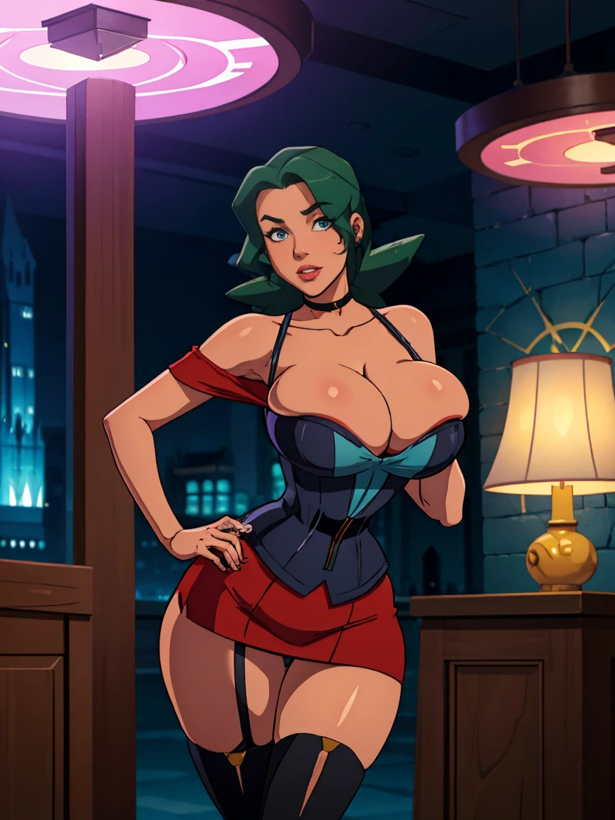 (masterpiece, top quality, best quality, official art, beautiful and aesthetic:1.2), (1girl:(jenny (pokemon))), green hair, ((extravagant updo)), bimbo, extremely detailed, portrait, looking at viewer, solo, (full body:0.6), detailed background, close up, big eyes, (nightclub:1.1), extremely busty bimbo, full lips, makeup, huge lips, charlatan, smirk, mysterious, being seductive on a balcony, revealing party dress, mesh, extremely tight bodice, yellow attire, red skirts, cameltoe, off shoulder, sleeveless, corset, skimpy dress, fishnets, thigh high black boots, buckles, straps, glowing magic energy, ruffles, (((gigantic breasts))), cleavage, skindentation, slim waist, slim hips, long legs, modern (urban nightclub interior:1.1) background, nighttime, dark mysterious lighting, shadows, magical atmosphere, dutch angle