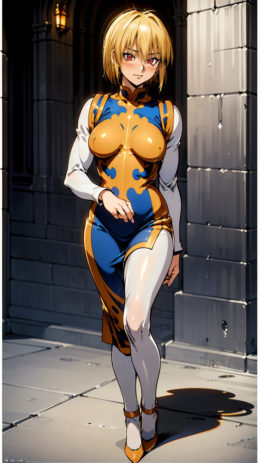 Turn your face and look straight ahead, Beautiful busty woman standing facing the front, (standing proud:1.4), (cowboy shot:1.2), (High Resolution), (Very Detailed), (Best Photo), (Best Quality), (Ultra Detailed), (masterpiece:1.5), very precise details,(Ultra High Resolution:1.4), the Extremely Detailed CG Unity 8K Wallpapers, highest quality, hight resolution, (Realistic, Photorealsitic, hyper realisitic:1.5), (Curve, Model, Farbe care:1.5), Farbe_aberration, the light shines on your face, profetional lighting, anime styled, beautiful hair, detailed hair,(Detailed Face), (Beautiful Detailed Eyes), Beautiful breasts, beautiful detailed shadow, Beautiful body, Beautiful skin, beautifull hands, precise details hands, beautiful fingers, very precise detailed fingers, (Ultra-detailed face, Detailed eyes:1.4), beautiful eyebrows, cool eyebrows, (Aesthetic Anime Eyes:1.4), (Light from the front :1.4), (shiny oiled skin: 1.4), (1girl in:1.4),(Solo:1.4), (Mature face and body), (city center:1.3), (york:1.2), highrise buildings, daylight, on the street, cars, (Beautiful cute face), (beautiful female lips), Charming, ((aroused expression)), looks at the camera with a gentle smile, earrings glossy lips, (juicy female lips), perfect female body, Beautiful waist, beautiful long eyelashes , put hands on the hip, raise the corners of the mouth, tilt her head, 30year old, mature female, Kurapika, 1girl, ((scarlet eyes)), blonde hair, ((bob hair)), flowing hair, fluttering hair, long legs, very large breasts, long breasts, saggy breasts, hips wider than shoulders, wide hips, pelvic curtain, beautiful thighs, thick thighs, simple clothess, ((full bodyblue tabard:1.4)), ((gold trim)), white shirt, long sleeves, puffy sleeves, white pants, ((simple yellow wide waist belt)), (blue very long skirt), (pantyhose:1.3), brown pantyhose, black high heels, pumps, hide breasts, full body,t