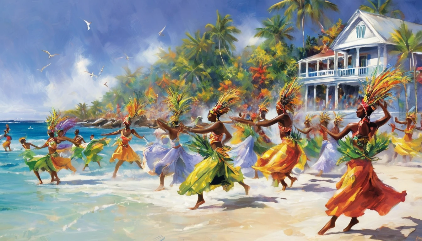 Imagine the vibrant scenery of the Jamaican coast, Where dynamic groups of dancers form mesmerizing processions, Sway to the rhythm of the ocean's pulse. First, compose your shot to capture the vastness of the beach., The blue sea stretches to the horizon and the golden sand sparkles in the sunlight.. Focus on the dancers, Each moves in harmony、It exudes energy and elegance., Colorful costumes fluttering in the wind. Zoom in to highlight complex movements and expressions, Communicating the passion and joy of performance. Change the angle and perspective to convey movement and rhythm, We ensure that the backdrop complements the vibrant atmosphere of the Caribbean coast.. Every detail, From sparkling drops of seawater to the smiles of dancers, Contribute to the dynamic and uplifting atmosphere of the image.
