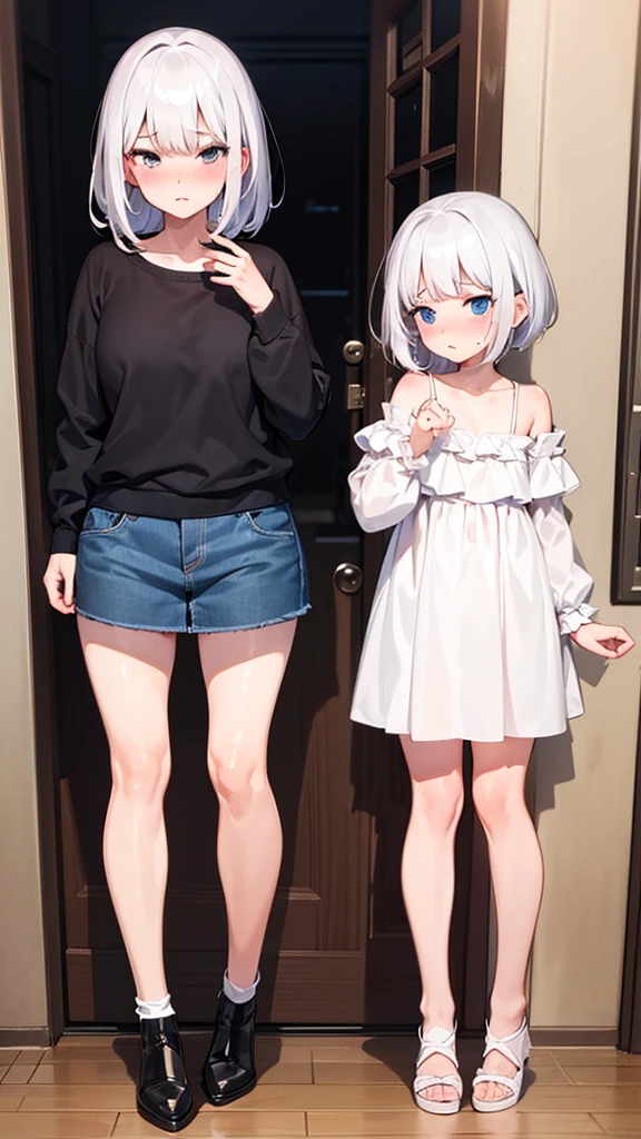  (8K, 4K, Best Quality, High Resolution: 1.2) ,1 girl, megami magazine, white hair, short hair, mature face, ashamed look, mature face, blush, 3/4 angle view, anime style colouring, face view