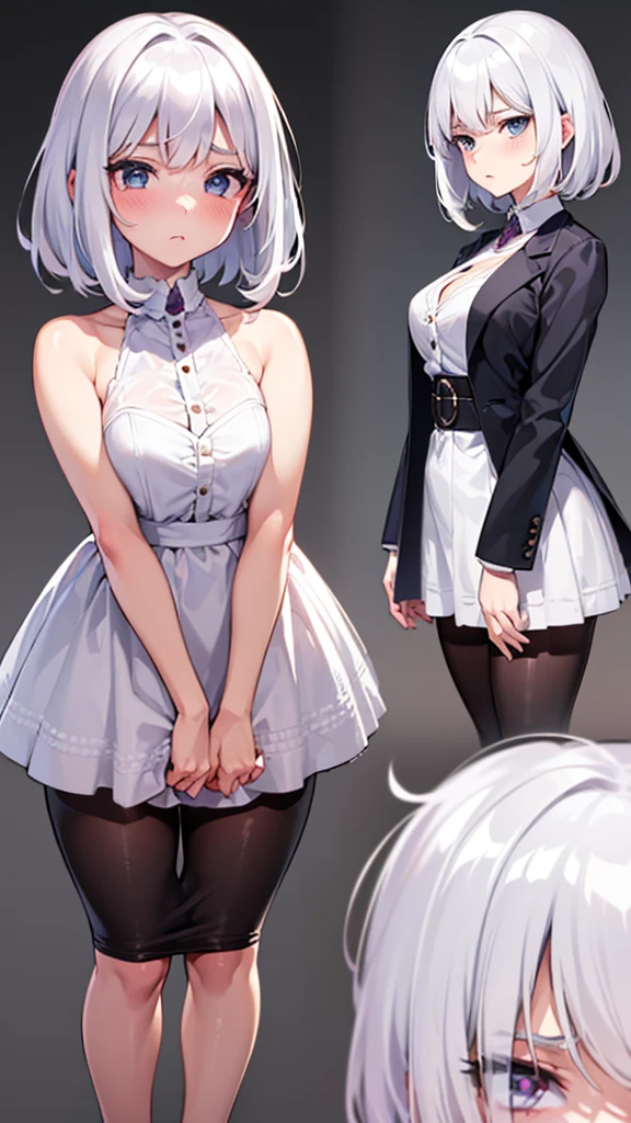 (8K, 4K, Best Quality, High Resolution: 1.2) ,1 girl, megami magazine, white hair, short hair, mature face, ashamed look, mature face, blush, 3/4 angle view, anime style colouring, face view