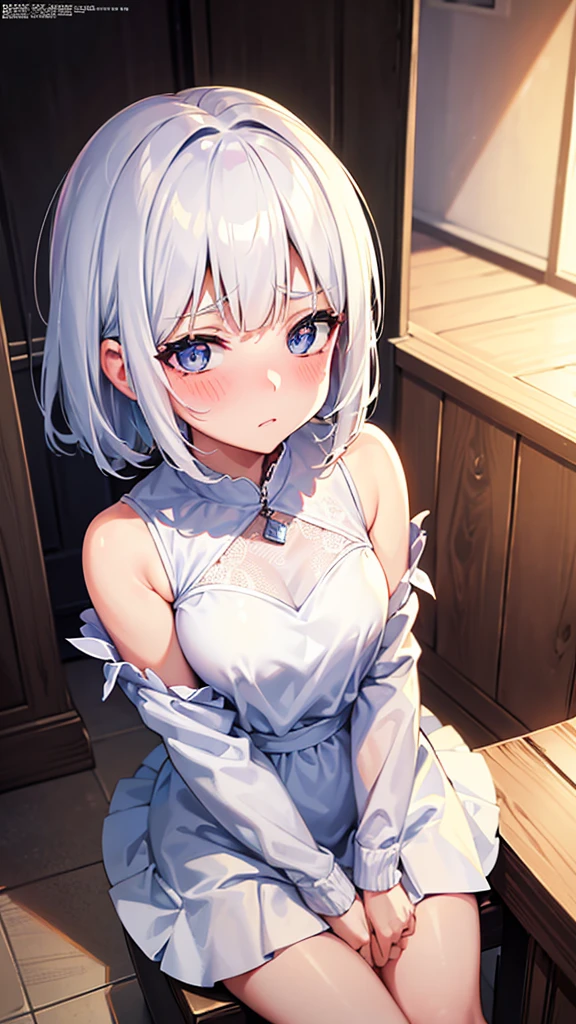 (8K, 4K, Best Quality, High Resolution: 1.2) ,1 girl, megami magazine, white hair, short hair, mature face, ashamed look, mature face, blush, 3/4 angle view, anime style colouring, face view