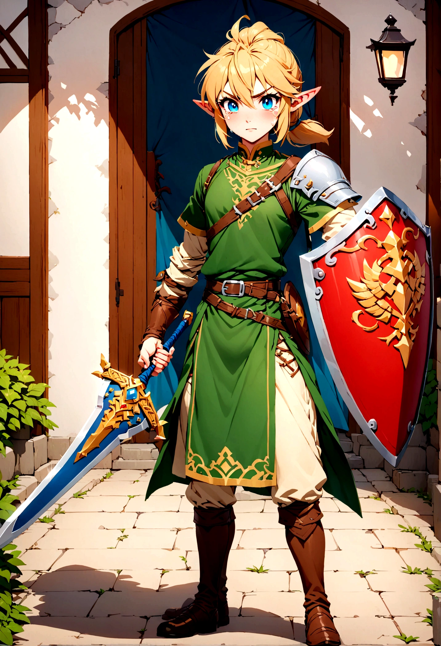 Link from Zelda tears of the Kingdom holding his sword and shield, standing in a Chinese college campus