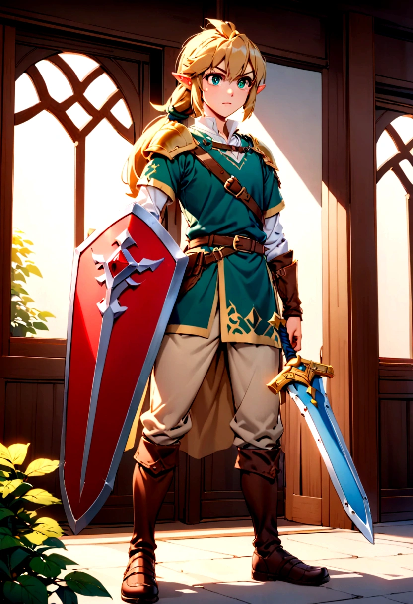 Link from Zelda tears of the Kingdom holding his sword and shield, standing in a Chinese college campus