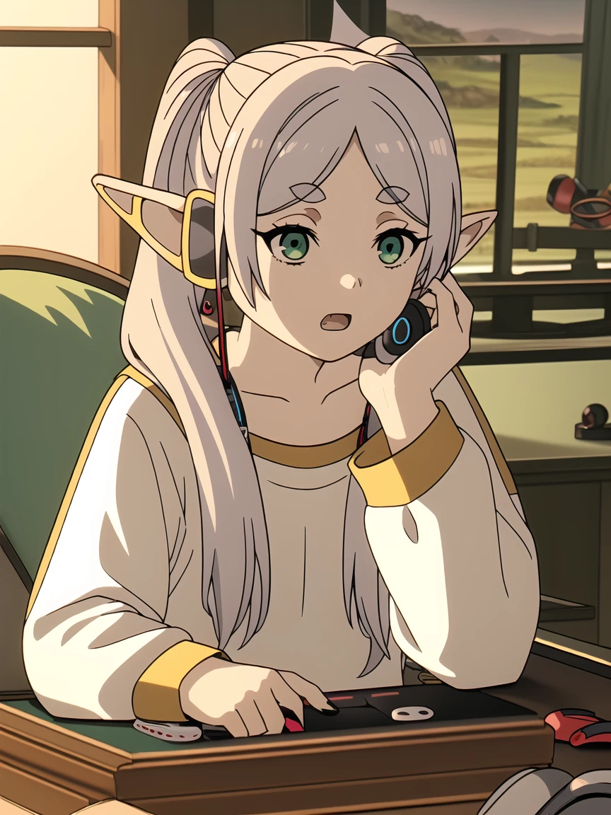 Masterpiece, best quality, Living room background, table, keyboard on table, holding pc mouse, Look at the display, (Wear headphones to play games:1.5), open mouth, angry,  Frozen, pointed ears, Twintail, green eyes, elf, long hair, white hair, Thick eyebrows, Separate bangs, streaks shirt, shirtคลุมสีขาว, streaks, long sleeve, set, decorations, earring, shirt,