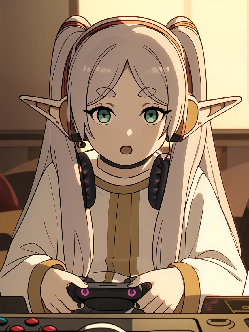 Masterpiece, best quality, Living room background, table, keyboard on table, holding pc mouse, Look at the display, (Wear headphones to play games:1.5), open mouth, angry,  Frozen, pointed ears, Twintail, green eyes, elf, long hair, white hair, Thick eyebrows, Separate bangs, streaks shirt, shirtคลุมสีขาว, streaks, long sleeve, set, decorations, earring, shirt,