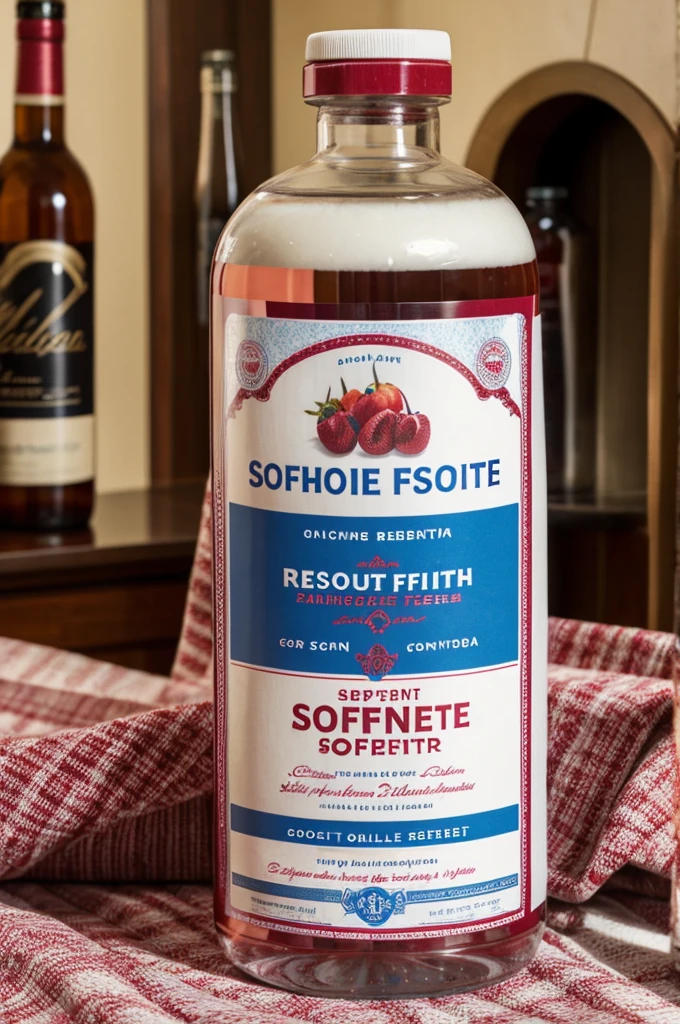 Bottle of red fruit fabric softener and fabric softener, the band with the name in the middle of the bottle that day biosuavitel with that Spanish tradition