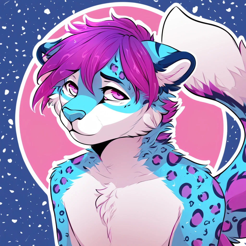 adult, feline, mammal, anthro, anthropomorphic, snow_leopard, striped, fur, striped_feline, fur, furred_anthro, femboy, male, light_pink, magenta_hair, fluffy, long_tail, blue_nose, expressive eyes, feline_ears, magenta_hair, blue_fur, light_blue_chest, shy, small_pupils, spotted_pattern, stripes, digital_art, high_resolution, high_res, hand-drawn, pencil_lines, head_visible, background, neck_visible, seductive_face, blue_galaxy_background, white_outline, detailed_line_work, profile_picture, head_visible

