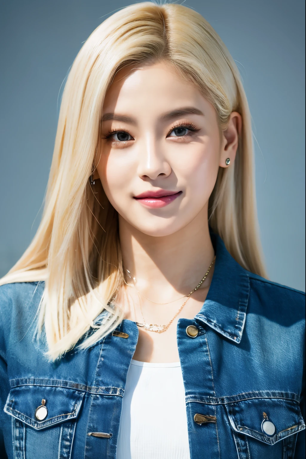 a woman with long blonde hair wearing a denim dress, roseanne park of blackpink, jossi of blackpink, portrait of jossi of blackpink, her hair is white, girl with white hair, sun yunjoo, with long white hair, jinyoung shin, she has blond hair, portrait of female korean idol, jaeyeon nam, heonhwa choe, korean idol