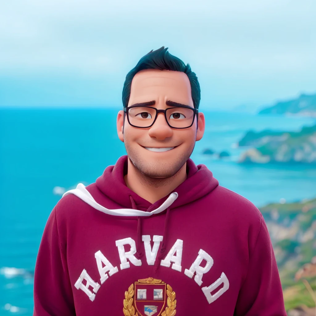 The image is a portrait-style photograph showing a man with short, dark hair and no beard. He is wearing black-rimmed glasses and a brown hoodie with the word 'HARVARD' printed in white block letters across the chest. The background is an outdoor setting with a blurred view of the ocean and rocky terrain, suggesting a coastal location. The man has a warm smile and a light to medium skin tone. The overall composition is casual and relaxed, with the subject centered and looking directly at the camera.